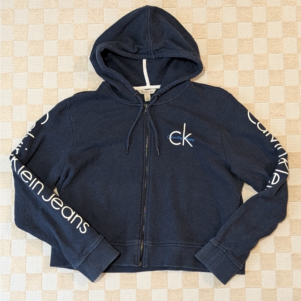 Calvin Klein Navy Blue Cropped Zip-Up Hoodie Size Large